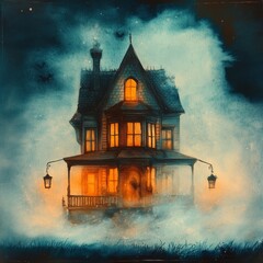 10. "Faint outline of a haunted house in the mist, soft glow from lanterns, subtle Halloween scene, watercolor style"