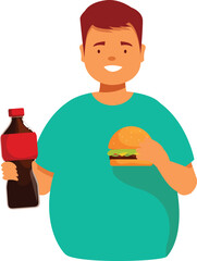 Overweight man is smiling and holding burger and soda, promoting unhealthy lifestyle