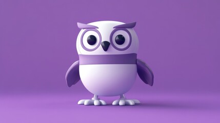 Fototapeta premium Purple and white owl with its eyes open and its head turned to the side, standing on a purple surface.