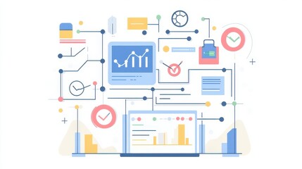 Digital analytics dashboard showcasing data trends with colorful graphs and icons connected by abstract lines