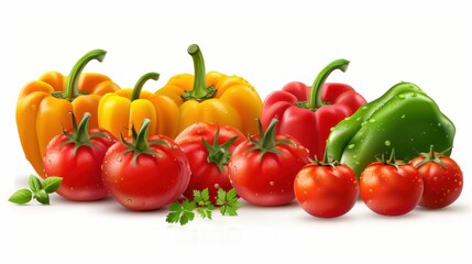 A bunch of vegetables including tomatoes, peppers, and cucumbers