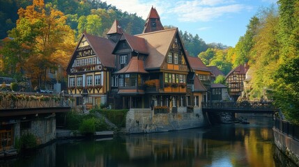A scenic view of a historic German brewery, showcasing its charming architecture and