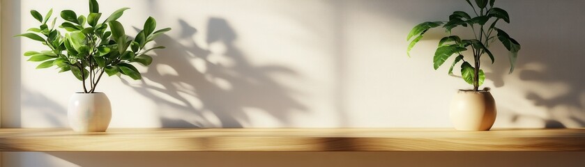 Modern interior design featuring two potted plants on a wooden shelf, highlighting natural light and minimalistic decor.