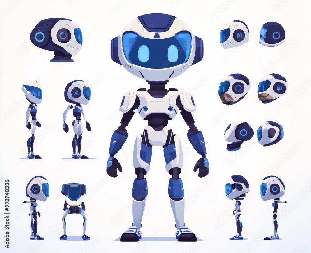 Poster an animation kit of cartoon robots. a cibernetica robot pose, electric machine parts and constructor