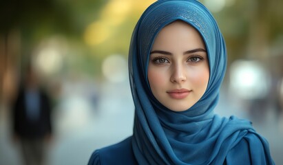 Beautiful Young Muslim Woman in Blue Hijab and Dress, Candid Street Photography - AI generated illustration