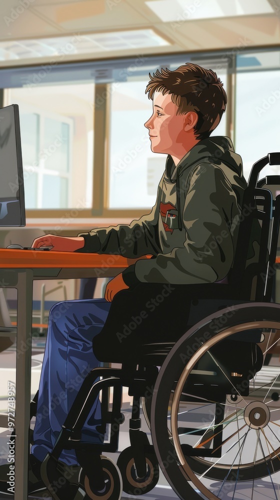 Aufkleber a boy in a wheelchair is sitting at a desk in front of a computer
