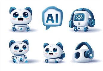Obraz premium A modern customer app laptop illustration using stock and 3D artificial icons. Cyborg, headphones, speech bubbles, and GPT customer service text.