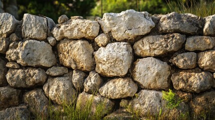 A weathered stone wall covered with wild grasses in a serene natural environment during golden hour