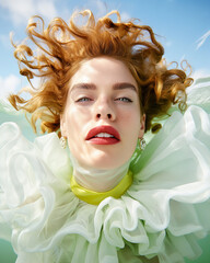 Fototapeta premium A dynamic portrait of a woman with red curly hair and a flowing green collar, set against a sky background. A vibrant and whimsical fashion concept with soft textures.