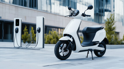 A sleek, white electric scooter parked at a modern charging station, ready for an eco-friendly ride in an urban setting.