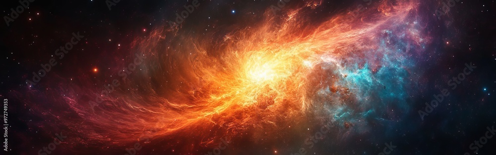 Poster a vibrant cosmic nebula displaying swirling colors amidst countless stars in deep space