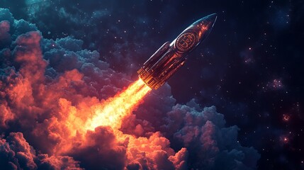 Obraz premium Bitcoin rocket gliding past clouds towards the stars. Cryptocurrency success theme.