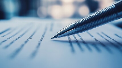 Clear close-up of a silver pen poised over printed text on a document in a well-lit indoor setting