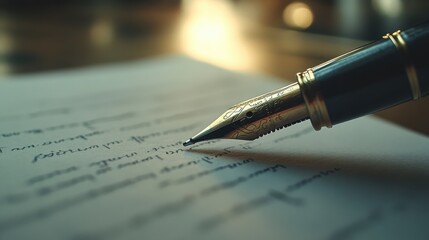 Detailed close-up of a fountain pen poised over handwritten text on a sheet of elegant paper in a softly lit setting