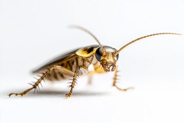 Close-up of a house cockroach with detailed view of its antennae, legs, and body against a white background, portraying the insect's intricate features.