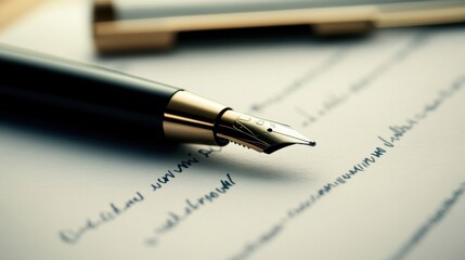 Elegant fountain pen resting on blank paper with handwritten notes surrounded by soft lighting in a calm workspace
