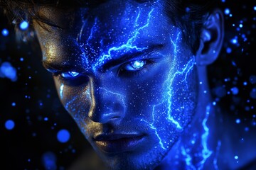 A fantasy scary creepy wizard with neon blue smoke on a dark background