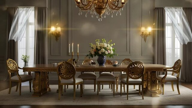 Dining table decoration with luxurious flower vases. Seamless 4K looping timelapse video animation background