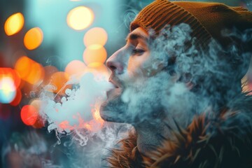 Naklejka premium A young man wearing a beanie exhales smoke on a bustling city street at dusk, surrounded by shimmering urban lights