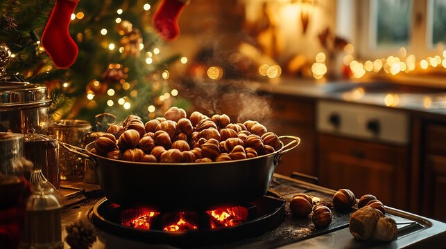 Roasting chestnuts on an open fire in a cozy kitchen, with festive decorations and a warm holiday atmosphere. 4K hyperrealistic photo.
