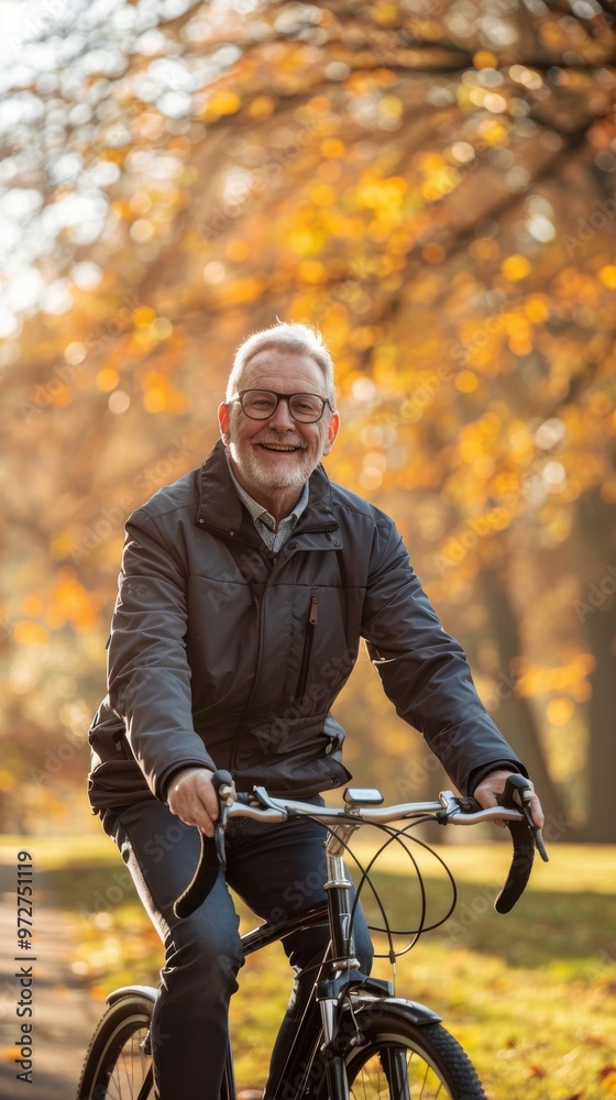 Poster a man is smiling and riding a bicycle in a park