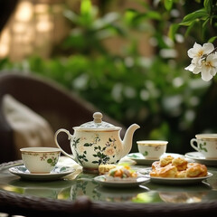 Fototapeta premium Elegant jasmine green tea set on a patio with floral teacups and pastries