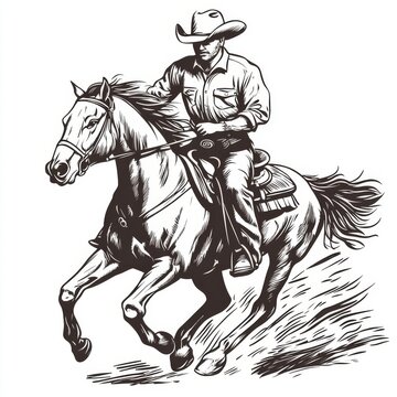 recommend clip art: The image depicts a cowboy riding a horse galloping with detailed hatching, dynamic motion sketch engraving, a generative AI, and scratch board imitations.