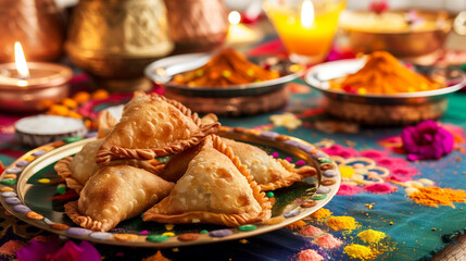 A plate of samosas, decorated for Diwali celebration.