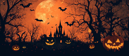 Black and orange Halloween theme background with bats, spooky house, barren trees, and jack-o-lantern pumpkins wallpaper