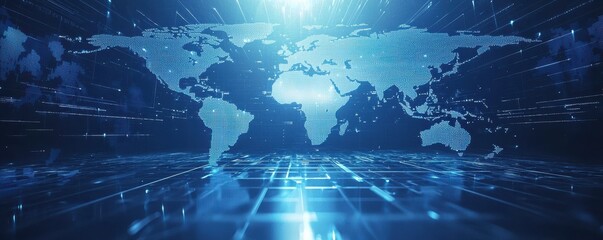 Digital world map with blue and white color scheme showcasing global technology and connectivity