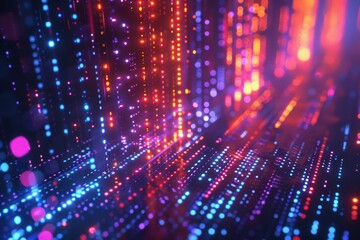 Obraz premium Colorful abstract digital art with vibrant light trails and dots reflecting a futuristic technology theme.