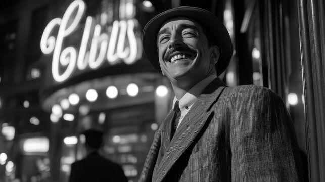 A man in vintage attire smiles outside a lively club during a nighttime scene in the city, capturing the essence of a bygone era