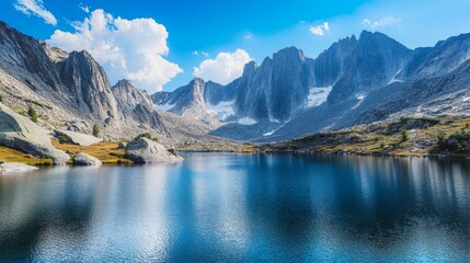 A mountain lake with deep blue water, framed by steep, rocky cliffs and a bright blue sky, with the reflection of the mountains on the water's surface.