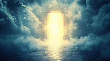 A luminous door emanates light amidst dark storm clouds over an ethereal landscape at dusk