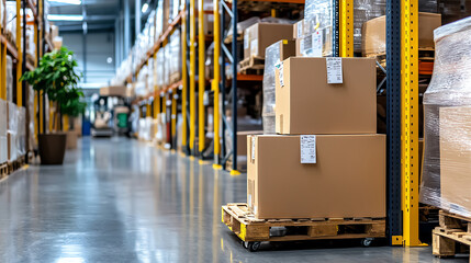 Naklejka premium A well-organized warehouse featuring stacked boxes on pallets in a spacious aisle, showcasing efficient storage and logistics.