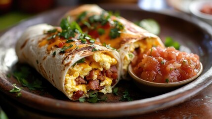 Breakfast burritos stuffed with fluffy scrambled eggs, crispy bacon, and gooey melted cheese, served on a rustic plate with a side of salsa