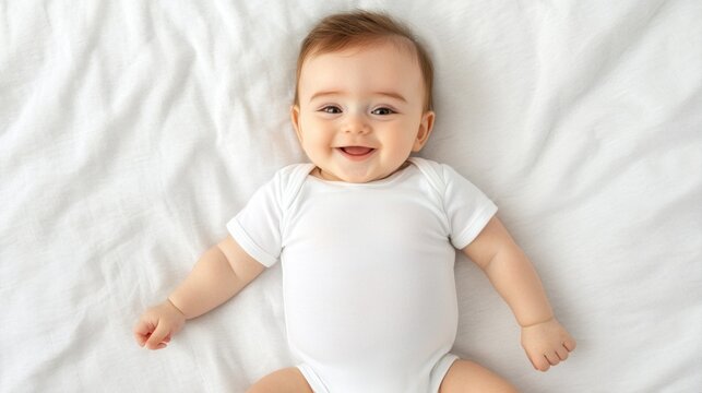 Smiling baby in white onesie mockup lying on white bed - Powered by Adobe