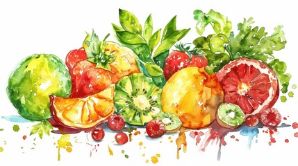 Colorful watercolor illustration of fresh fruits displayed together, capturing a vibrant and organic essence for culinary projects.