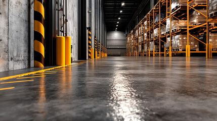 A spacious warehouse interior showcasing polished floors, abundant shelving, and organized storage for efficient logistics.