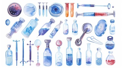 Colorful watercolor laboratory instruments and glassware, perfect for science themes and educational materials.