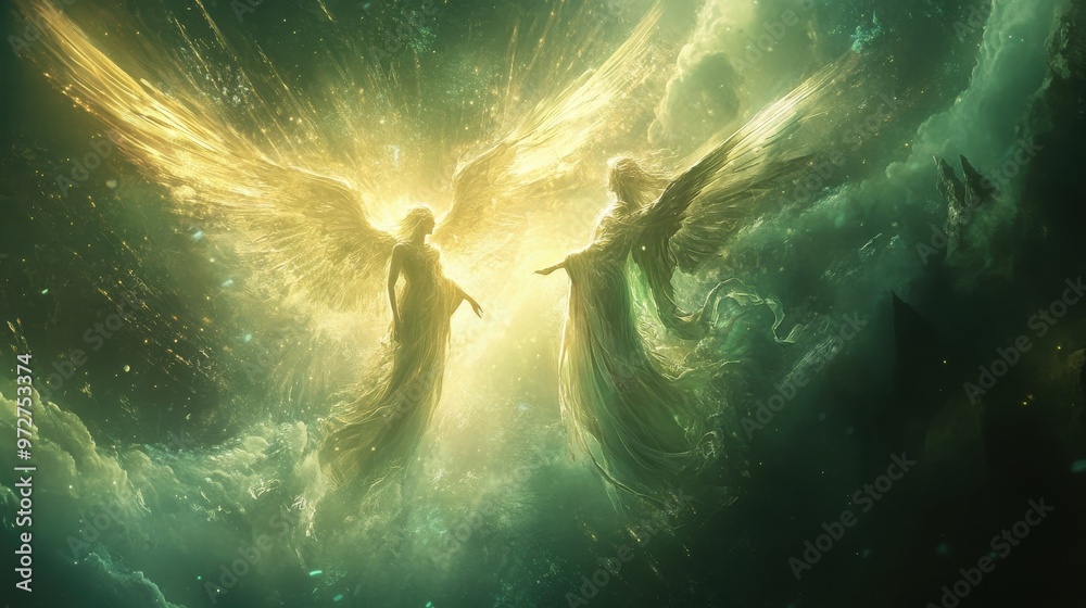 Poster angelic figures surrounded by ethereal light amidst swirling clouds and cosmic elements during a cel