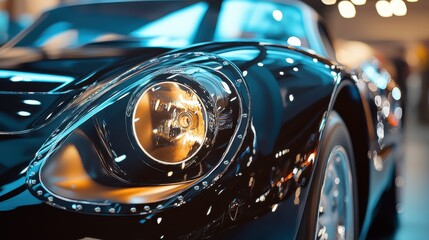 Close-up view of a sleek black sports car's headlight in a modern showroom setting during an automotive exhibition