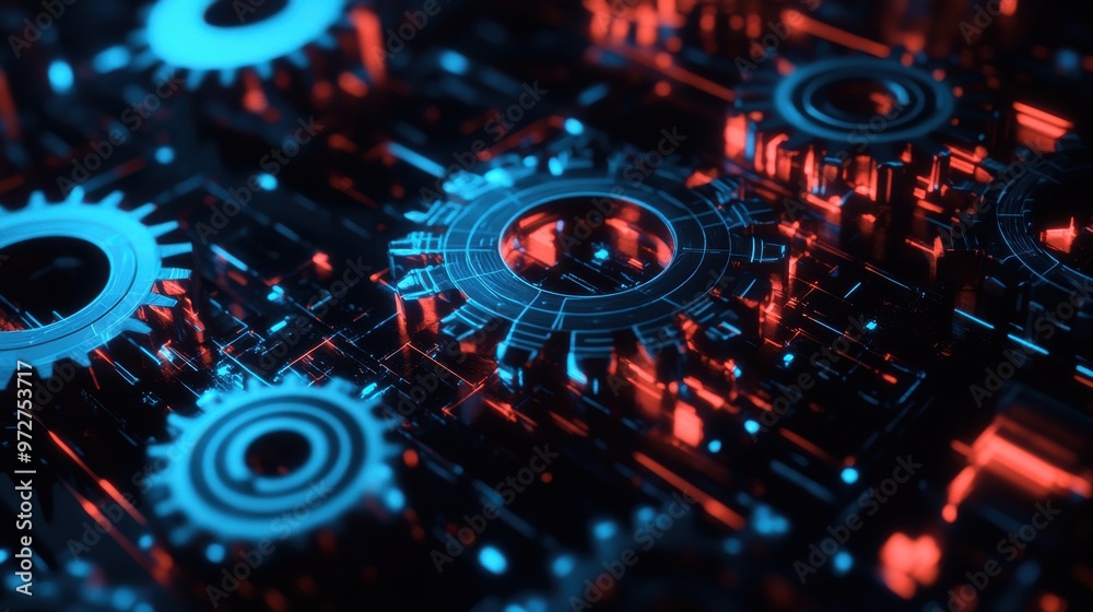 Leinwandbilder abstract representation of gears and circuits with glowing blue and red hues in a futuristic technol