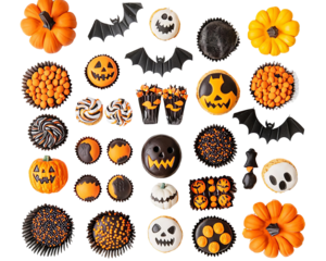 A vibrant collection of Halloween-themed treats featuring cupcakes, cookies, and decorations in orange and black.