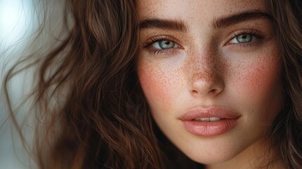 Naklejka premium The image could be named Smiling Brunette Woman in Close-Up Portrait