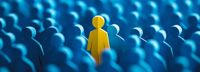 A lone figure stands out among a crowd of blue silhouettes, emphasizing individuality in a sea of similarity