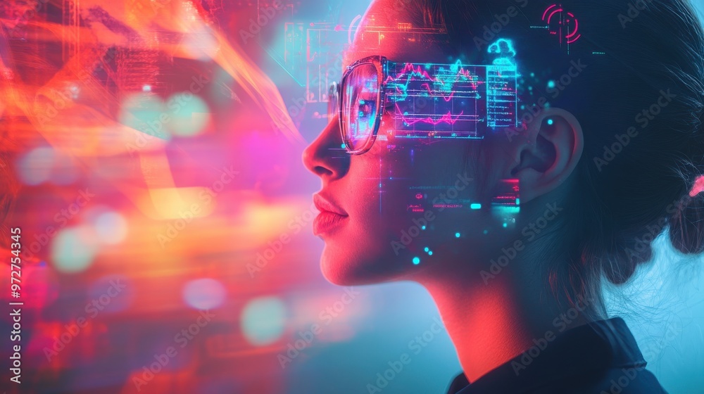 Aufkleber a woman with glasses gazes thoughtfully at digital data overlays, blending technology and creativity