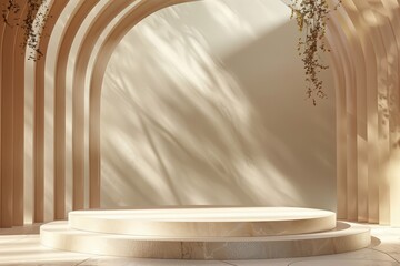 Elegant indoor stage with soft lighting and arch decor, perfect for presentations and creative displays.