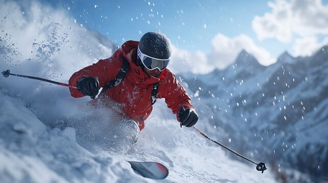 Skier tackling a challenging mogul field on a snowy mountain, with sharp turns and snow flying in every direction. 4K hyperrealistic photo.