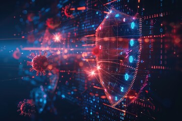 Futuristic digital visualization of virus particles interacting with data streams, blending technology and science in vibrant colors.